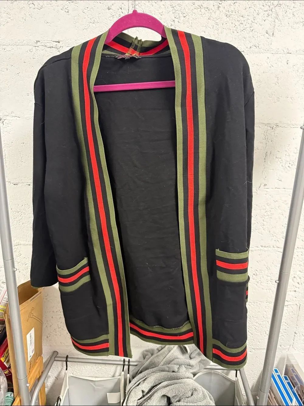 Black Open Cardigan with Green and Red Stripe Trim Pockets NEVER WORN - One Size